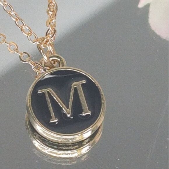 Pendant Necklace Alphabet M Gold & Black Initial Coin Pendant Necklace - Picture 3 of 8
